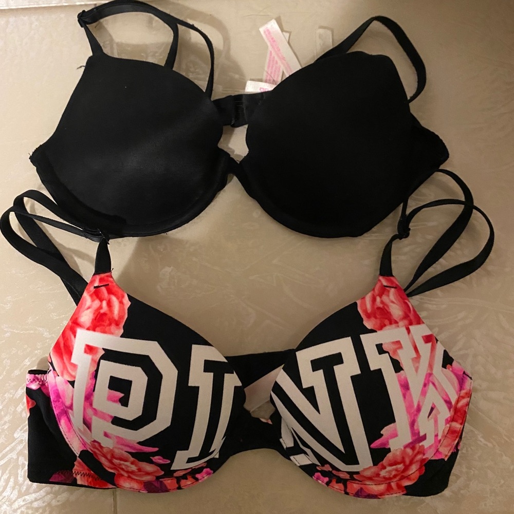 PINK Victoria's Secret Black & Pink Floral Logo Push-Up Bra - Picture 1 of 5